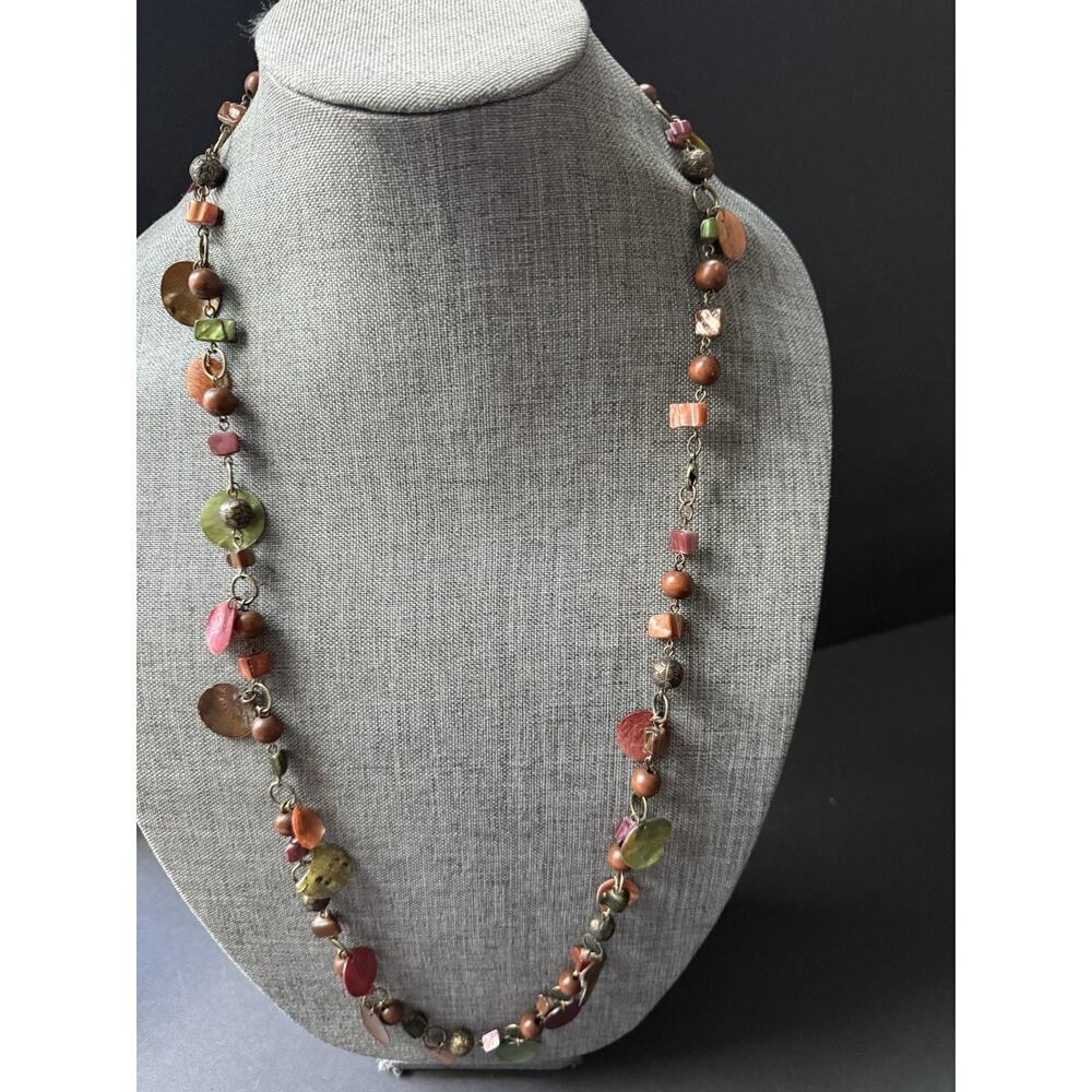 Vintage Beaded Festival Necklace Shells Wood Beads Tropical Boho Long Layered
